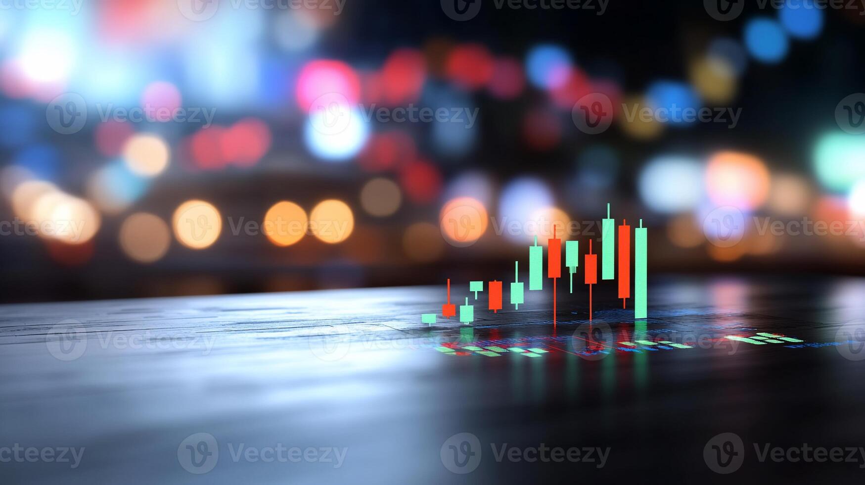 Candlestick chart on dark surface with city bokeh background. photo