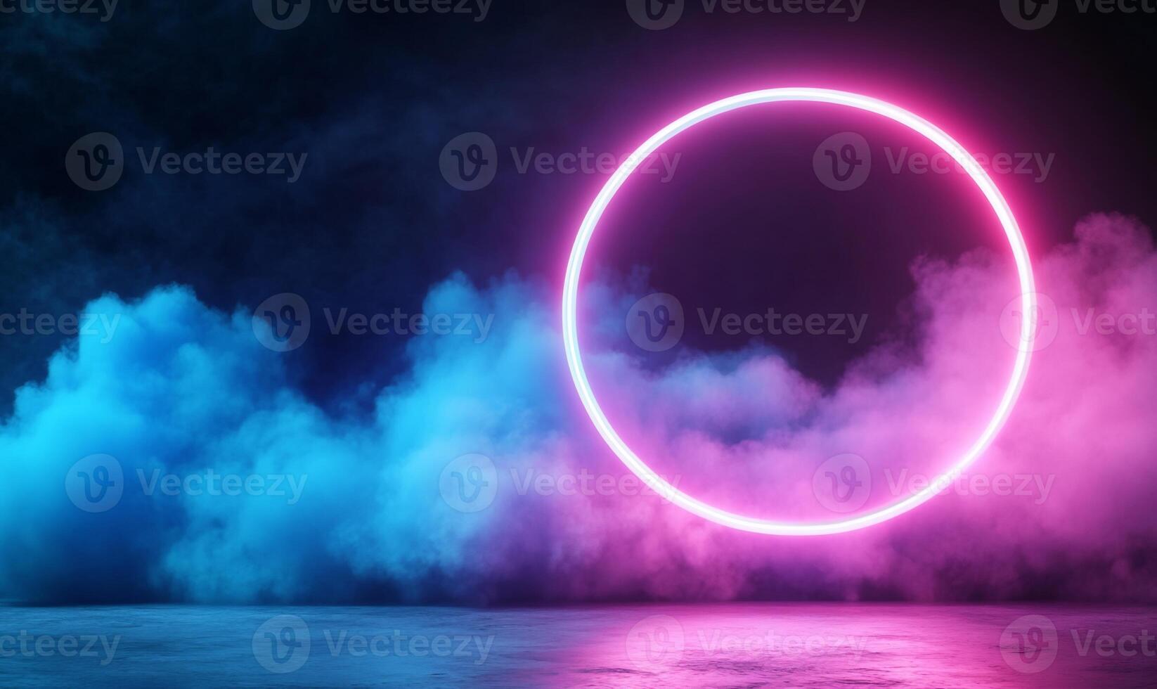 Pink neon circle in blue smoke. photo