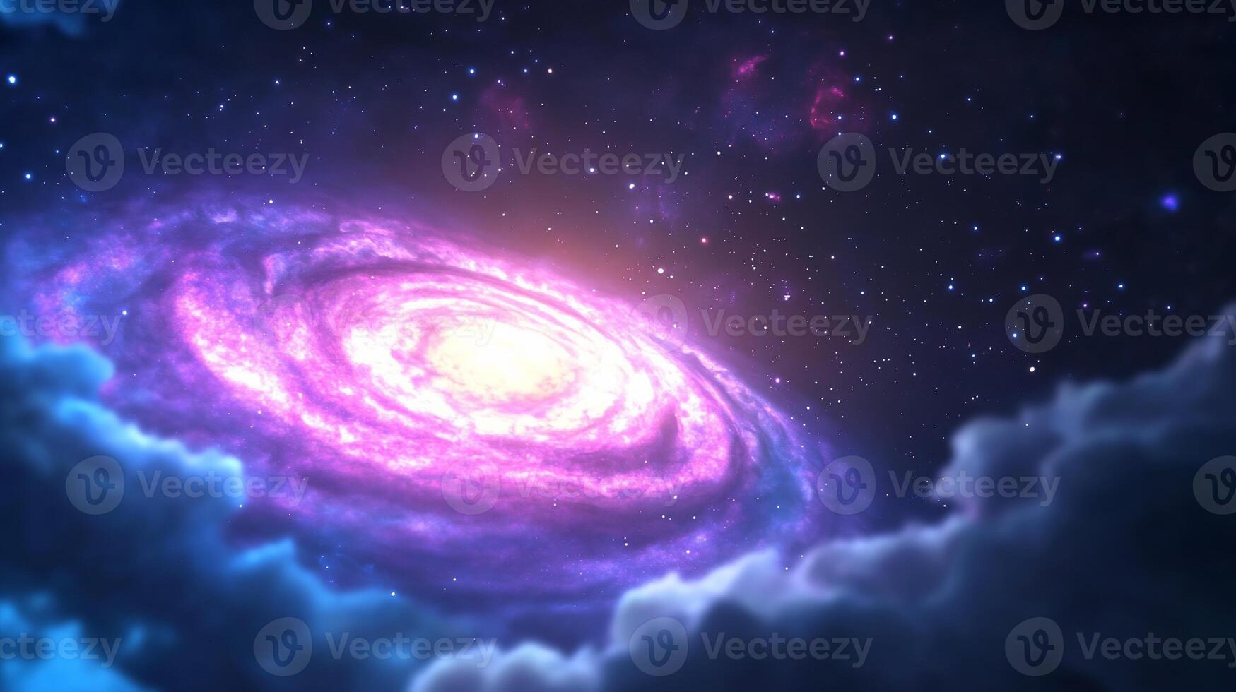Spiral galaxy with vibrant purple and blue hues, nestled in dark clouds against a starry backdrop. photo