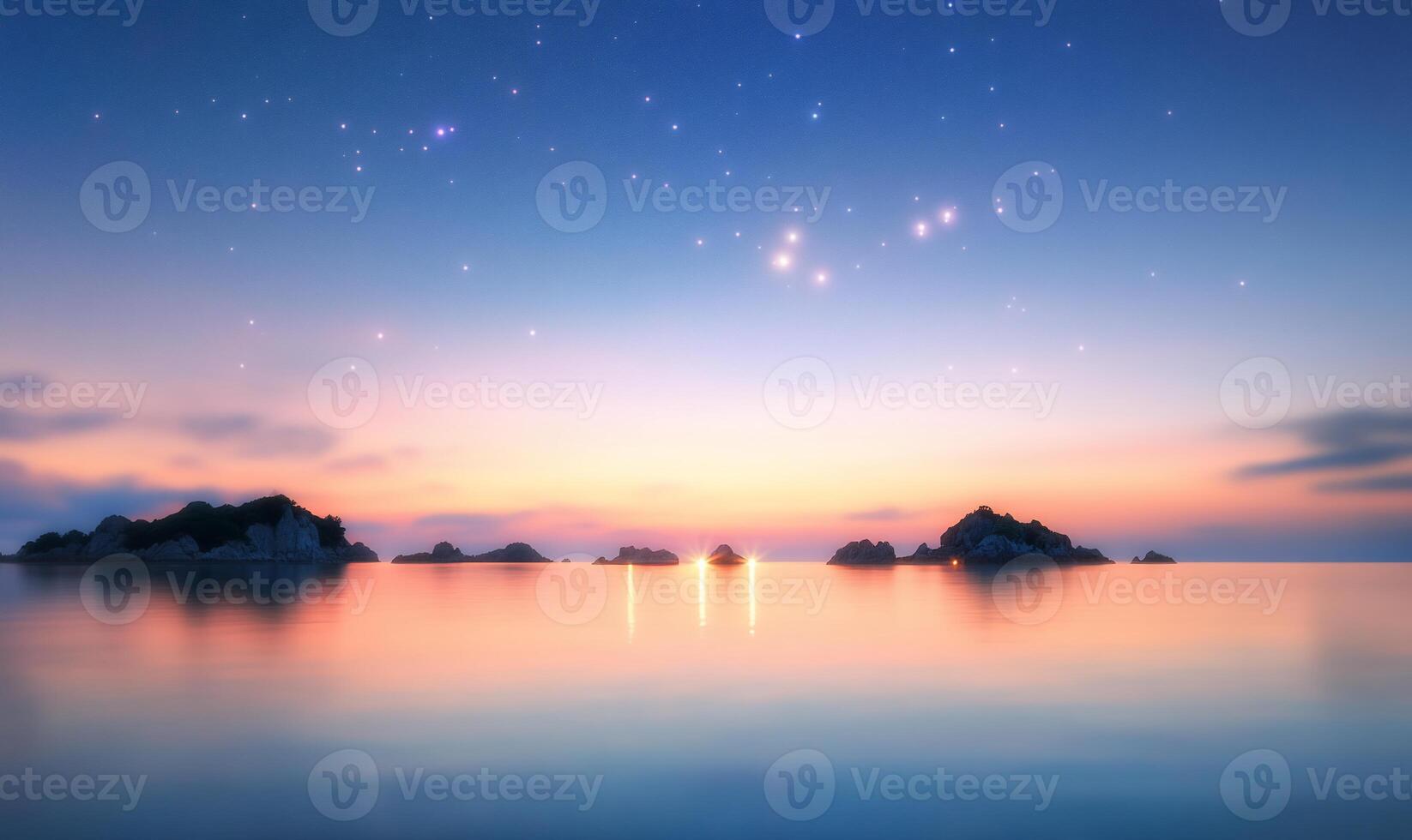 Serene sunset over calm ocean with islands and starry sky. photo