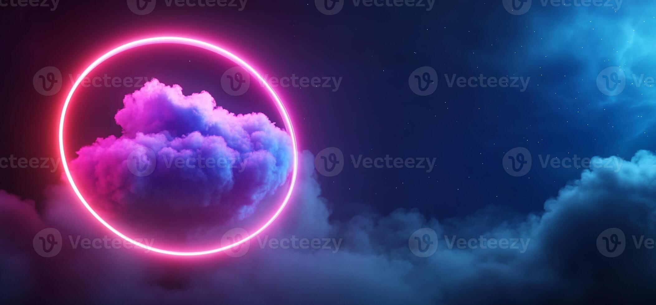 Neon circle framing vibrant cloud in dark night sky. photo
