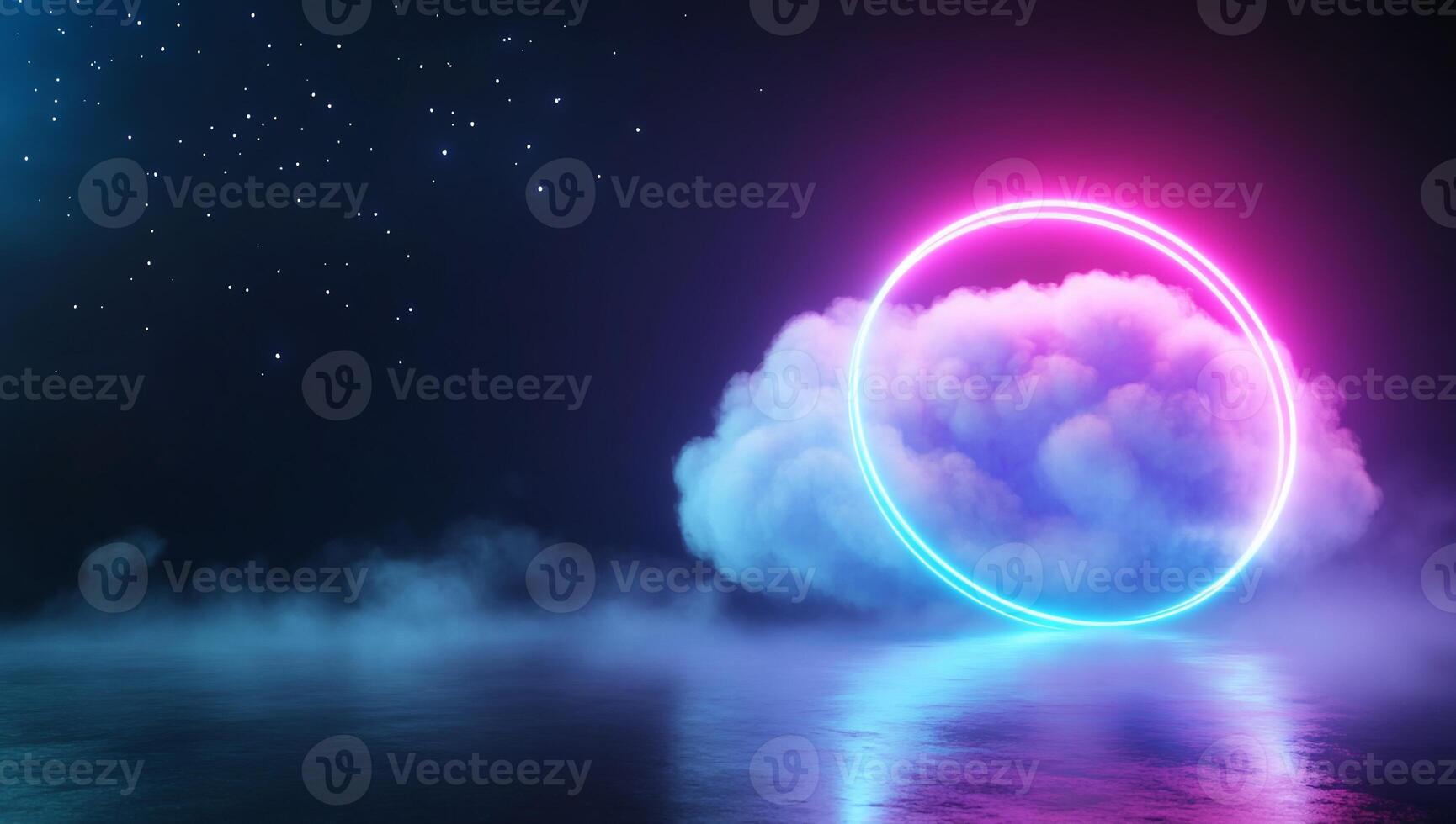 Glowing neon circle ring encircling cloud, dark background. photo