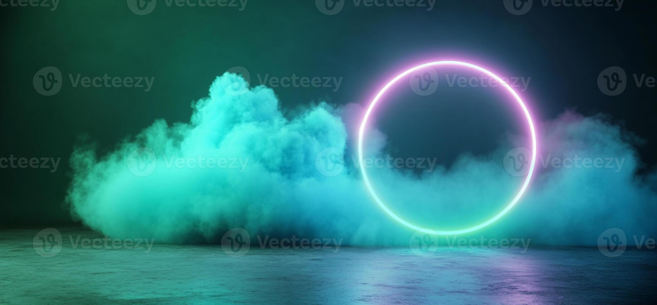 Glowing neon circle in teal smoke. photo