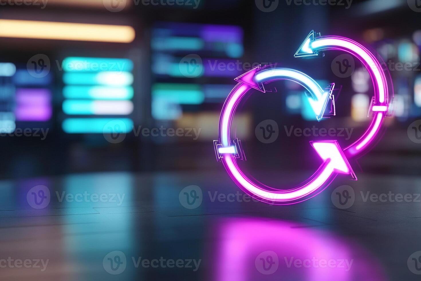 Neon circular arrows signifying renewal, refresh, or recycle. photo