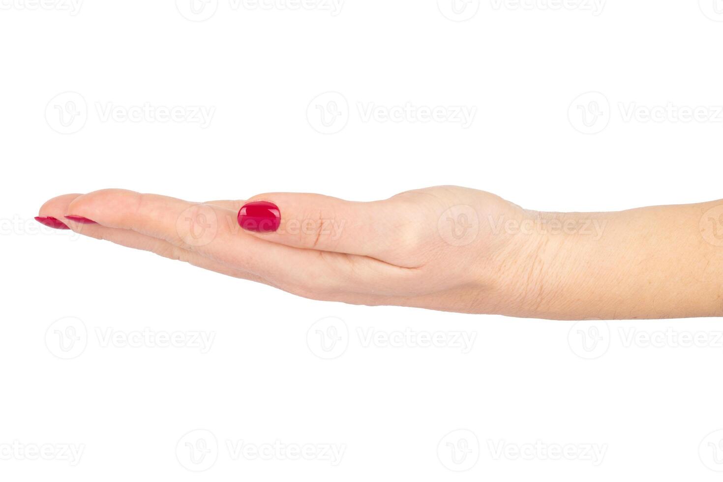 Female Hand with Red Manicure in Open Palm Gesture on White Background photo