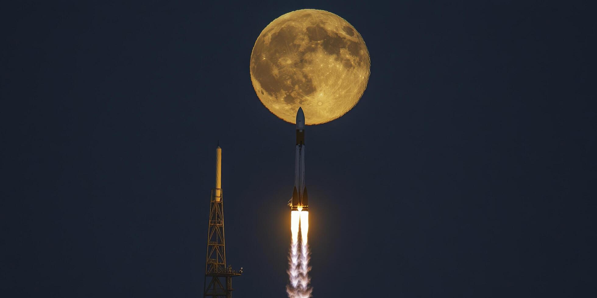 A rocket launching into space with the full moon on dark blue sky background photo