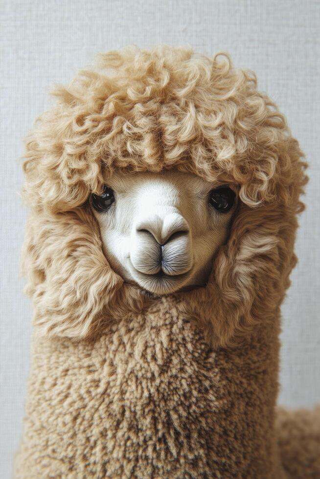A cute llama with a fluffy hat on its head. The hat is brown and the llama is white photo