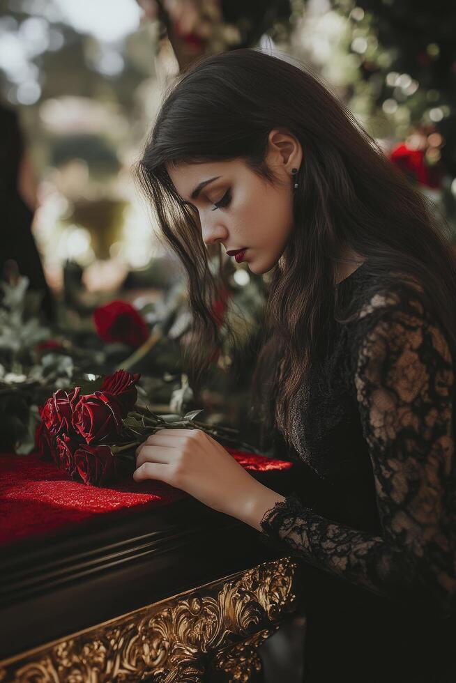 A woman is sitting on a table with a bouquet of red roses in her hand photo