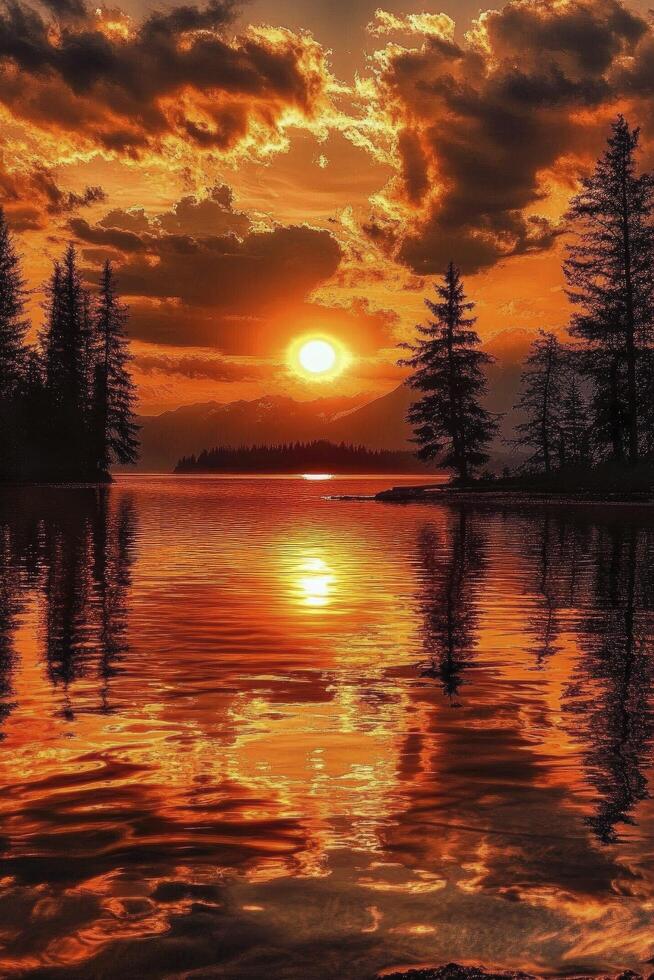 A beautiful sunset over a lake with trees in the background photo