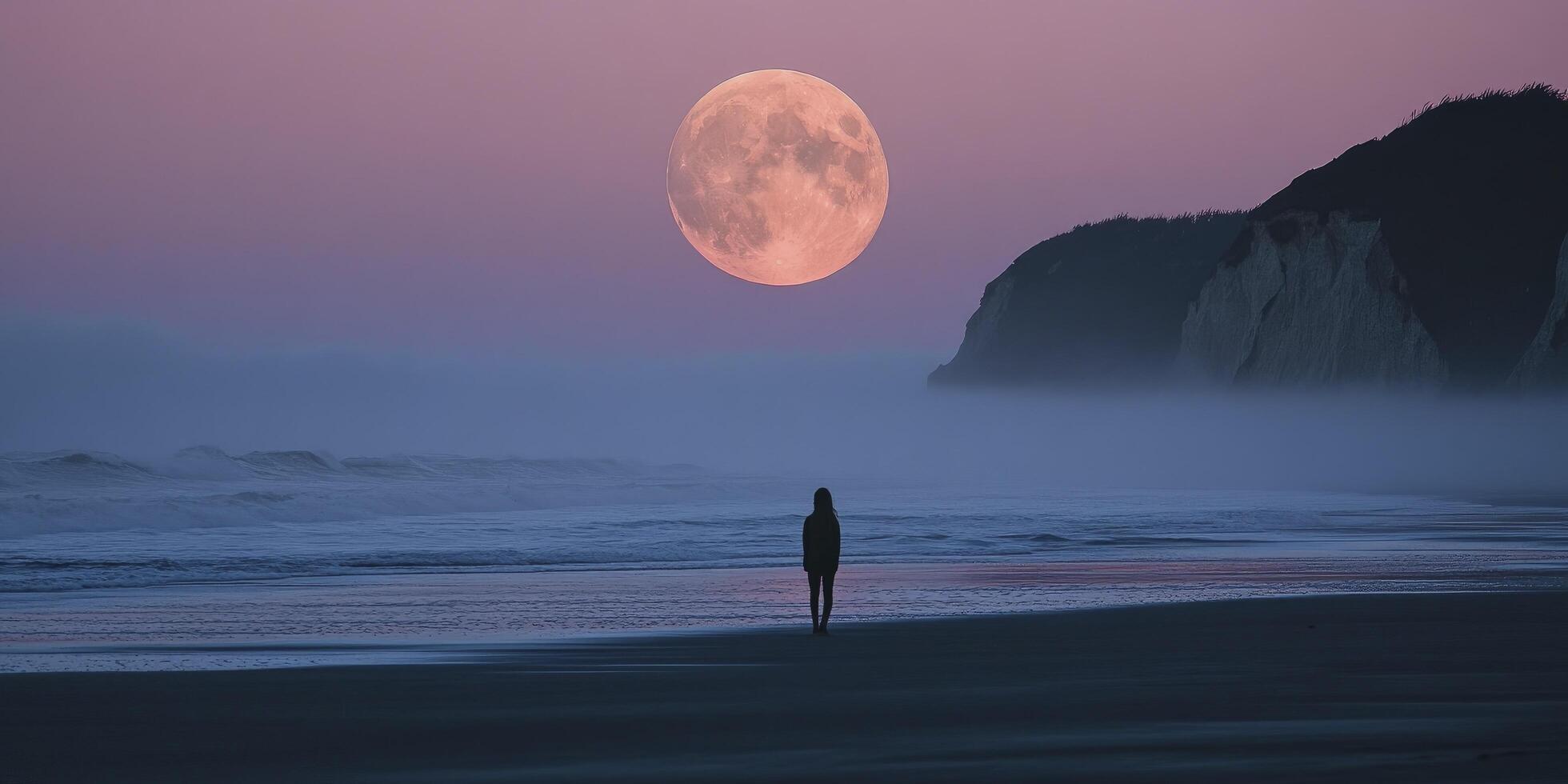 A girl stands alone at sea beach, mountain and moon on pink sky background, misty atmosphere photo