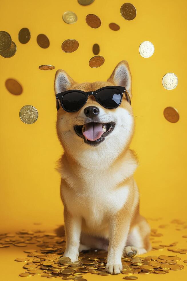 A cute Shiba Inu dog wearing black sunglasses is smiling and looking at the camera, with gold coins falling from above on a yellow background. photo