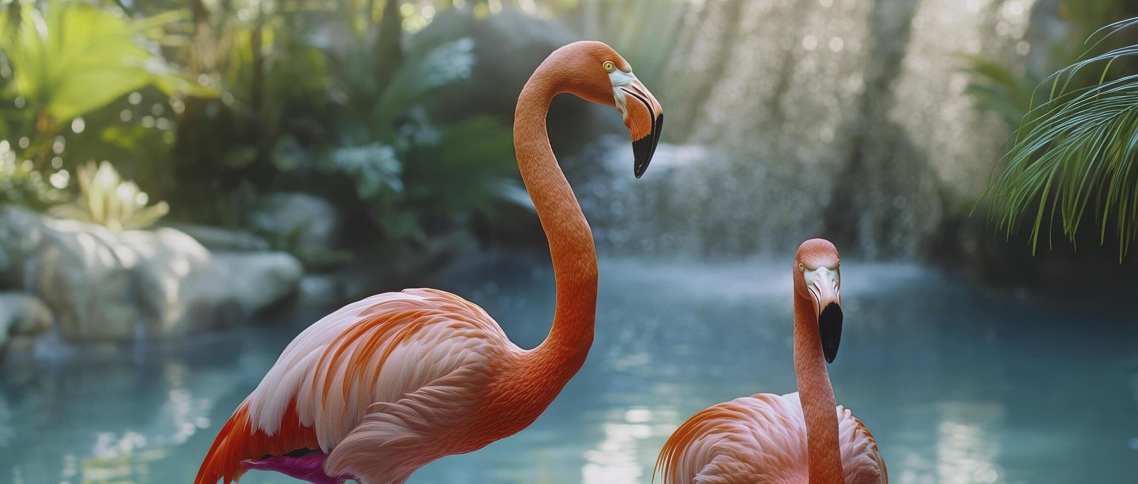 two orange flamingos standing near waterfall in forest photo