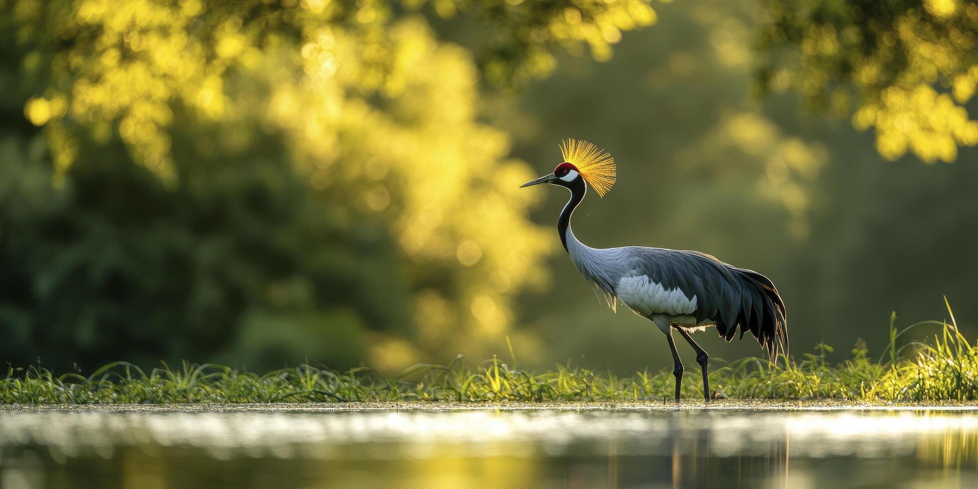 A gray crowned crane with its yellow crown feathers stands in the background of green trees and water photo