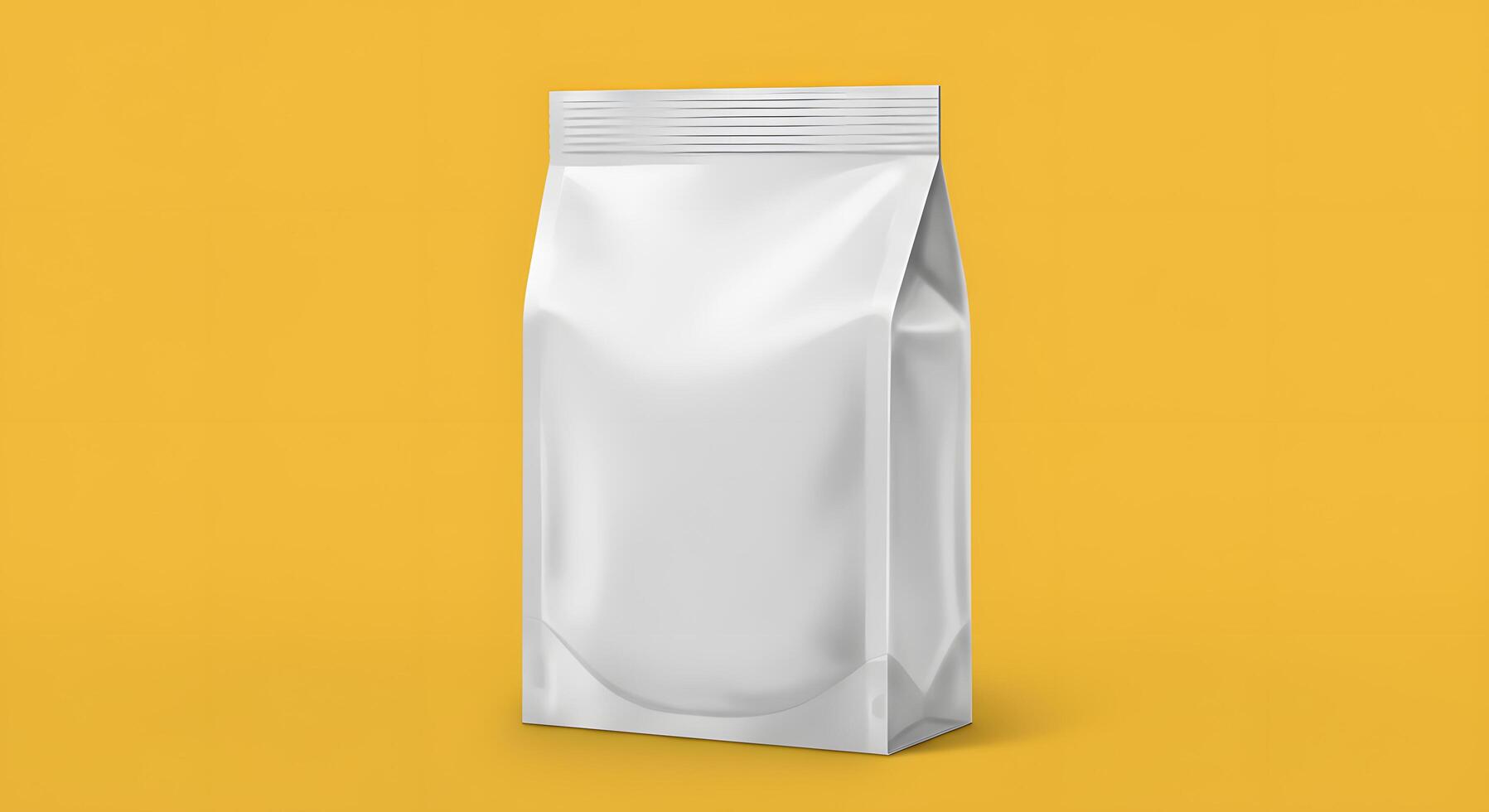 Blank White Stand Up Pouch Packaging Mockup on Yellow Background, Perfect for Branding and Product Design Presentation photo
