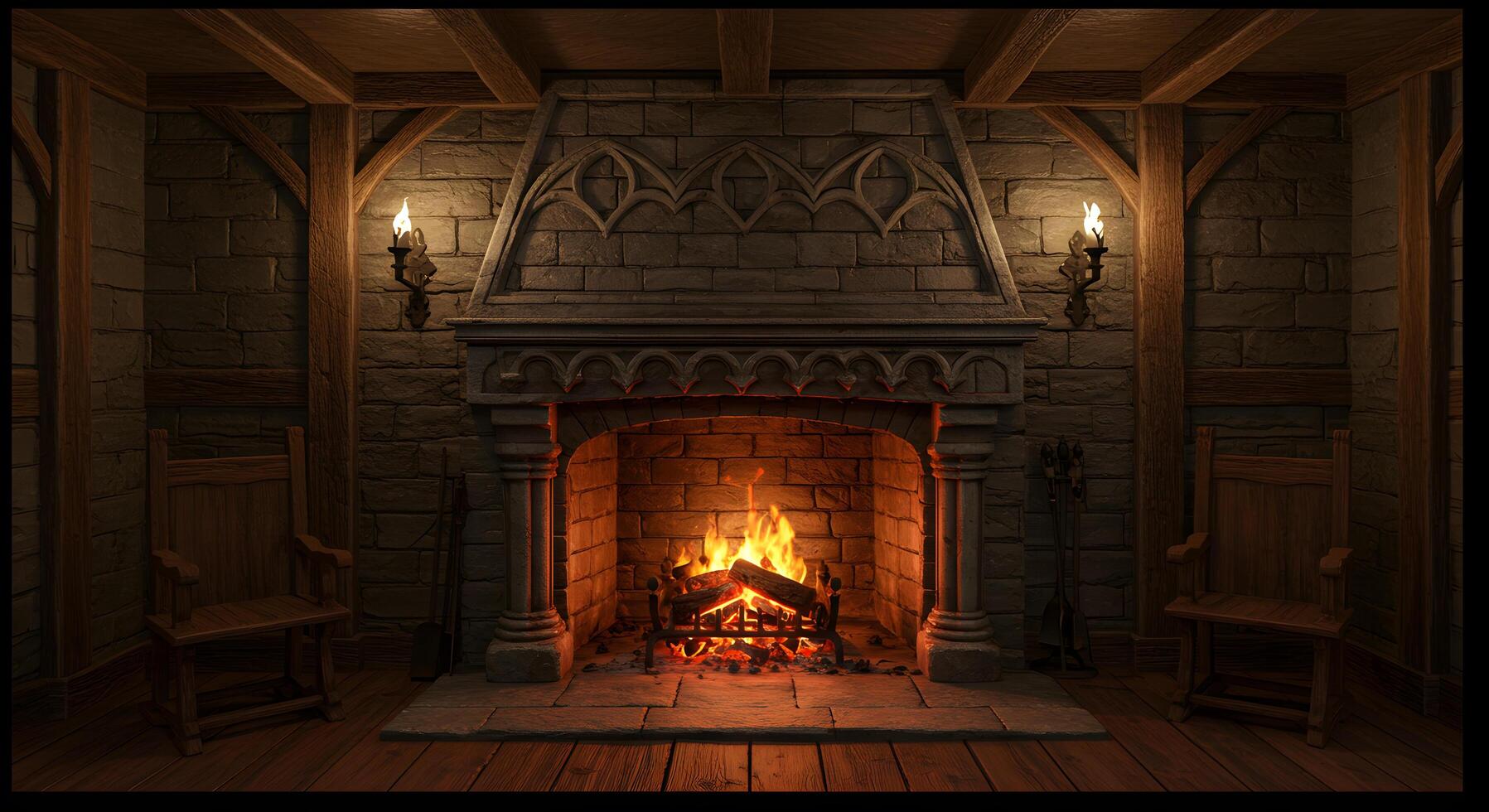 A Cozy Medieval Fireplace Scene Warmth and Charm in a Stone Room photo