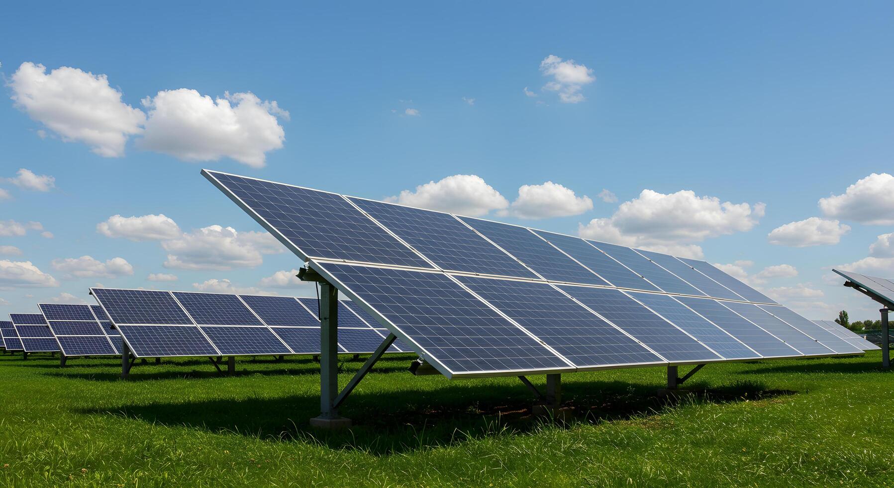 Sustainable Energy Rows of Solar Panels in a Lush Green Field under a Blue Sky photo