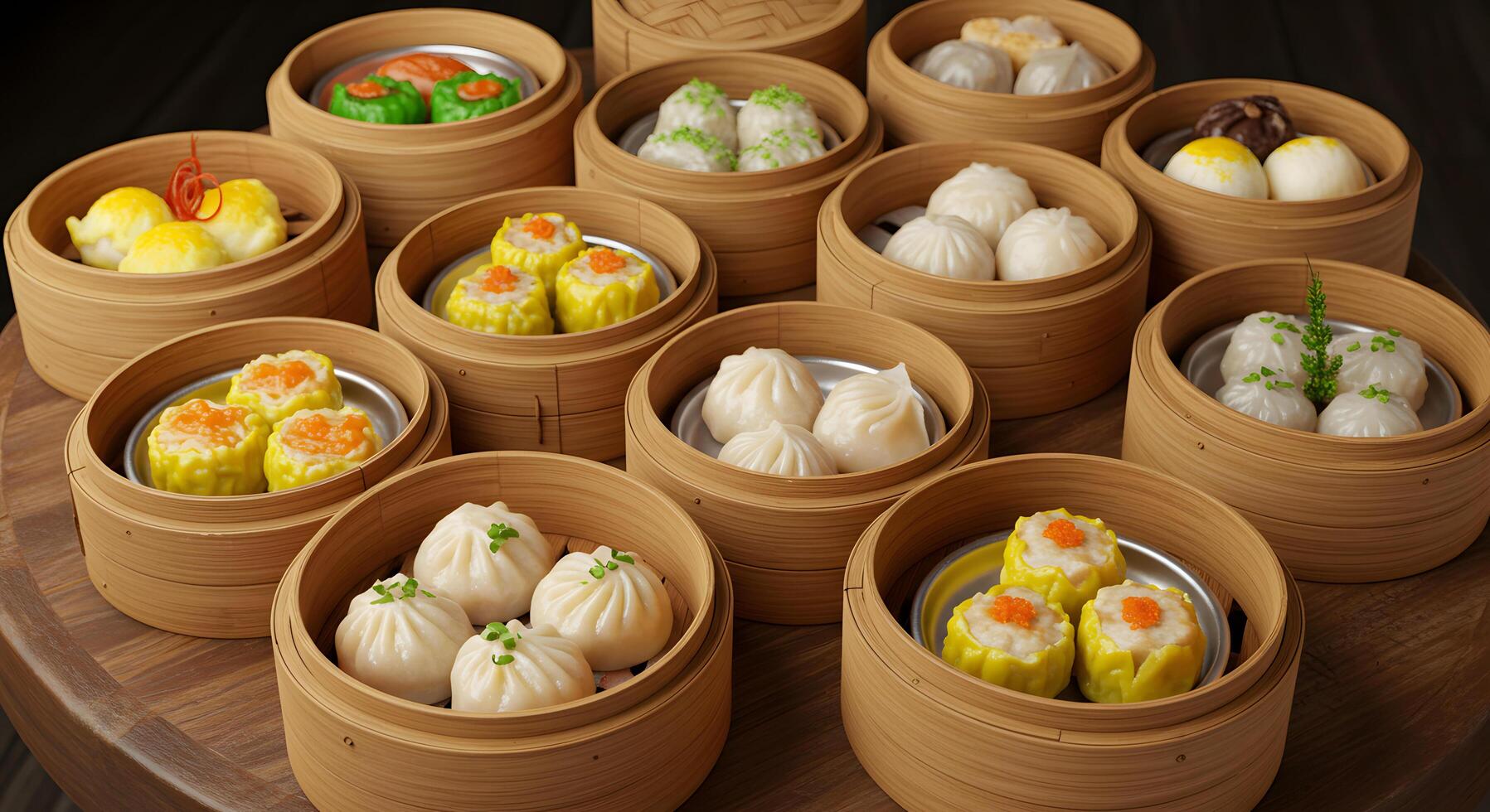 Assorted Delicious Dim Sum Dishes in Bamboo Steamers A Culinary Delight of Chinese Cuisine photo
