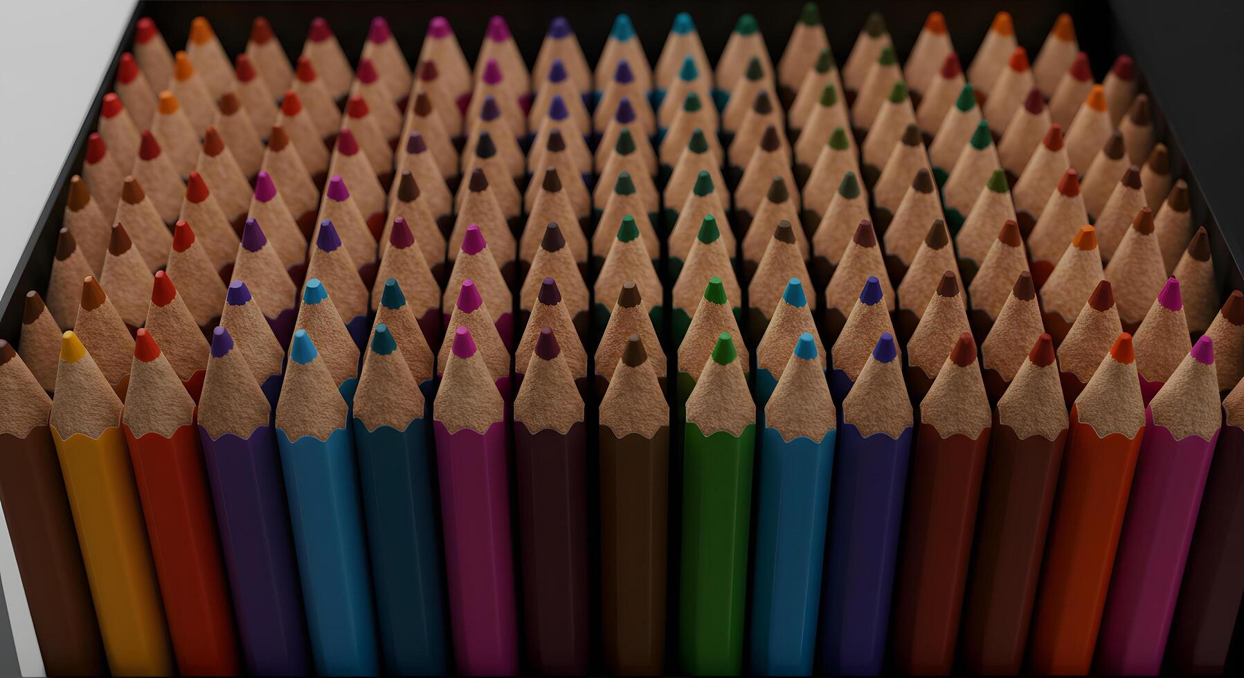 Vibrant Spectrum A Close-Up View of a Colorful Set of Pencils Arranged Neatly in a Box, Ready for Artistic Creation photo