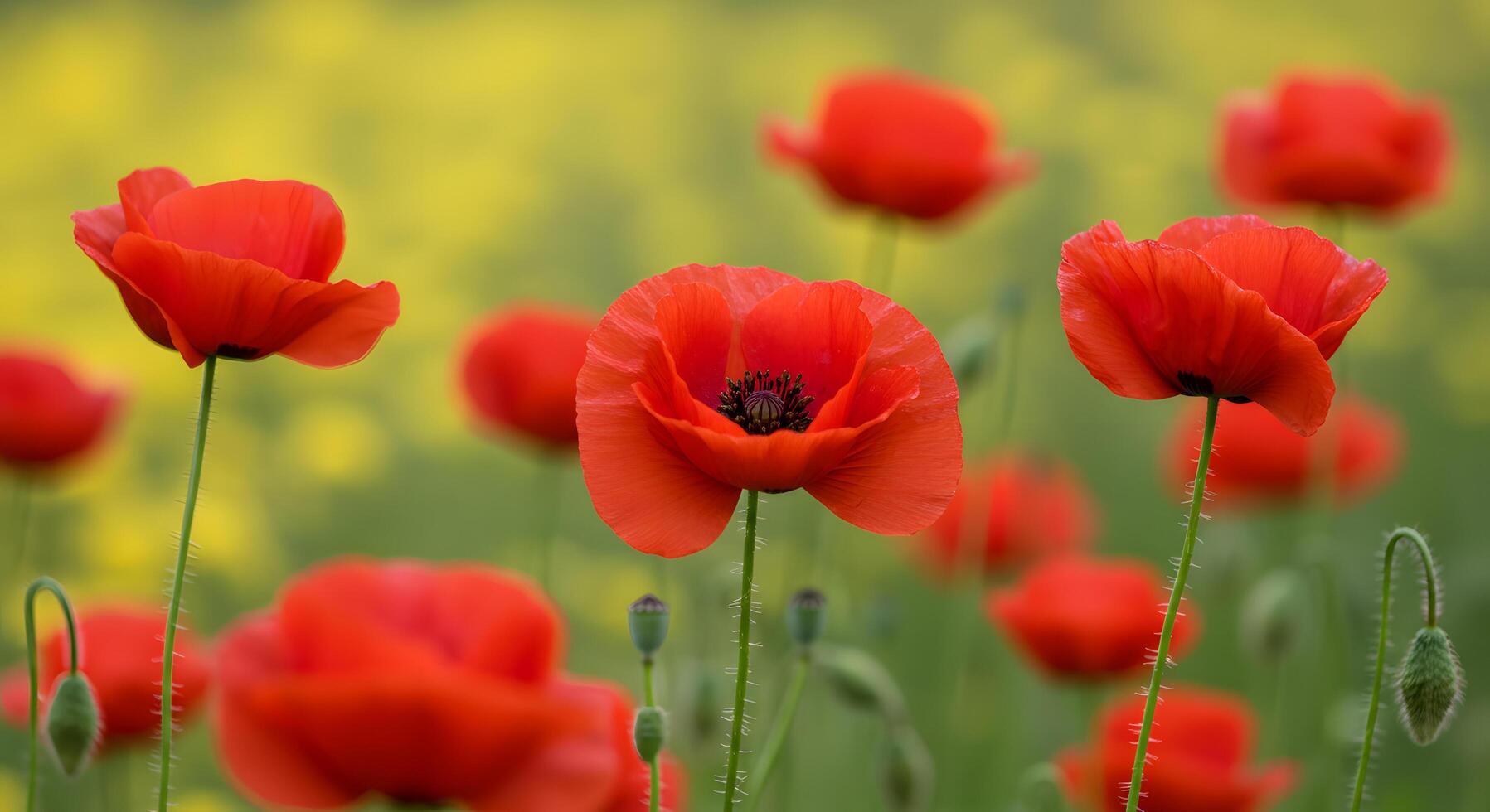 Stunning Red Poppies in a Vibrant Yellow Field A Captivating Nature Scene photo