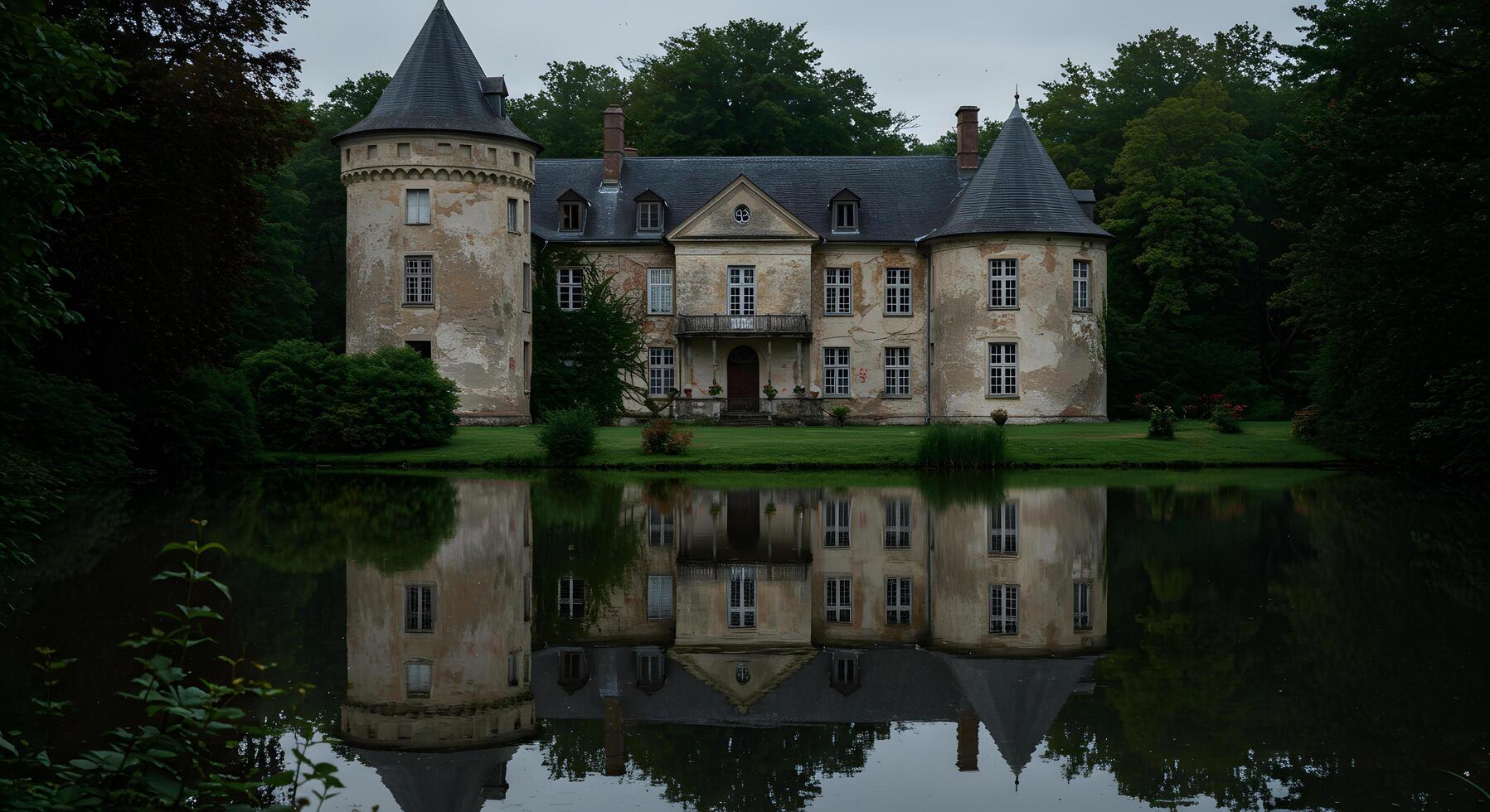 Serene Reflection A Majestic Chateau Mirrored in a Tranquil Pond photo
