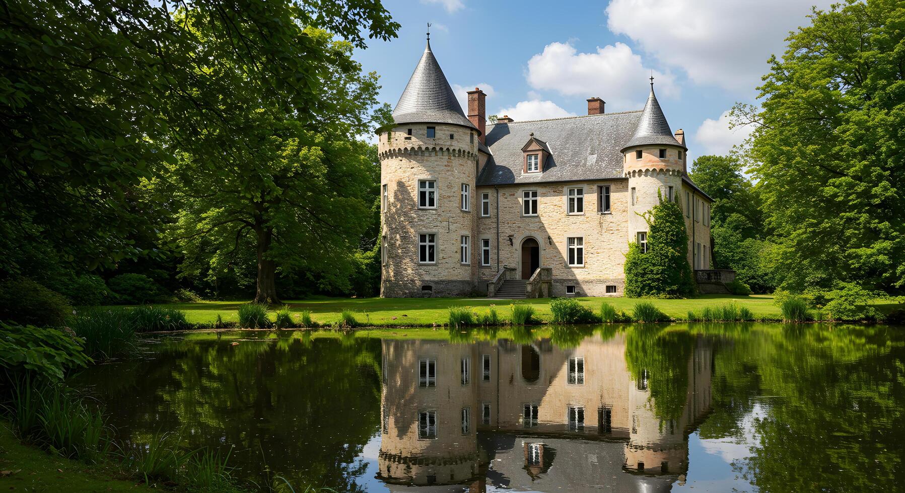 Serene Reflection of a Majestic Castle on a Calm Pond A Picturesque Estate in Lush Greenery photo