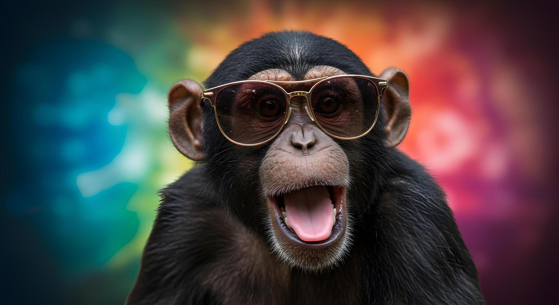A Cool Chimpanzee Wearing Sunglasses Against a Vibrant Bokeh Background photo