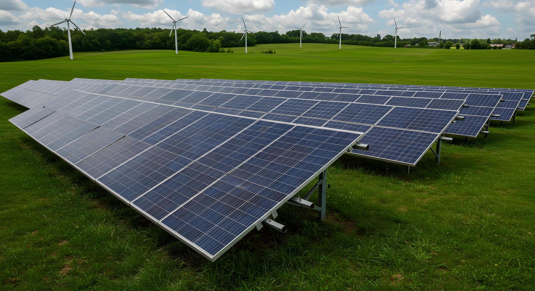 Vast Solar Panel Field and Wind Turbines in a Lush Green Meadow under a Partly Cloudy Sky A Scene of Sustainable Energy photo