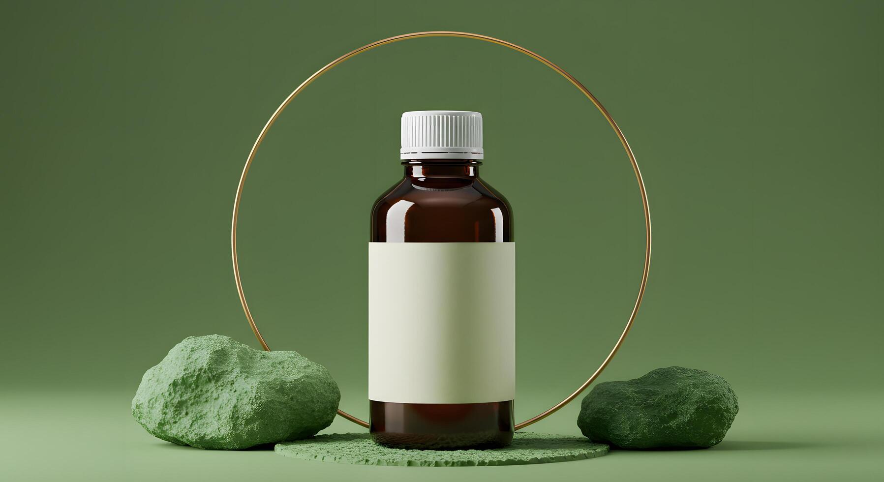 Amber Bottle Mockup on Green Background with Stones and Golden Ring Natural Product Branding Photography photo