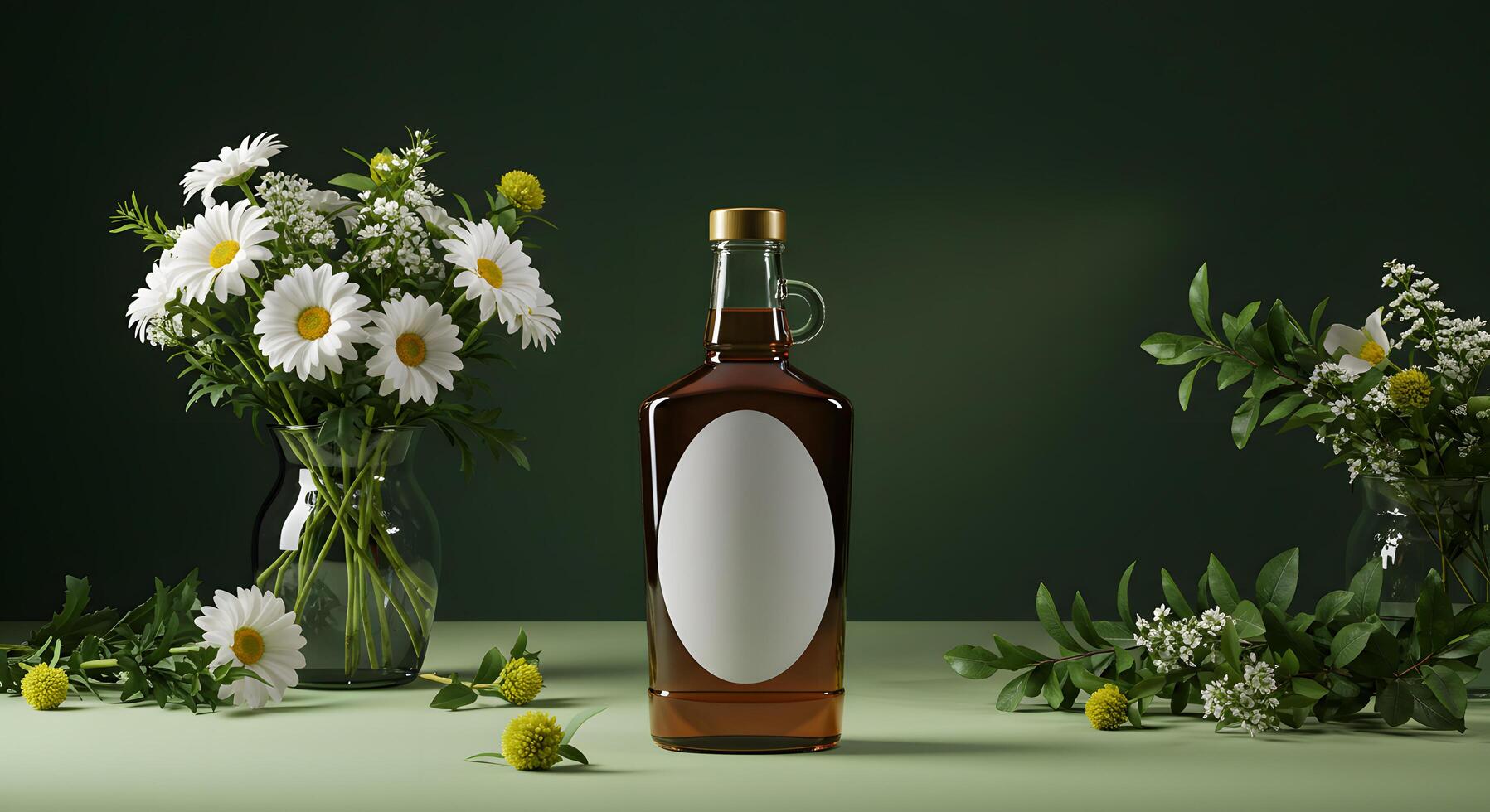 Elegant Maple Syrup Bottle with Daisies Still Life Photography photo