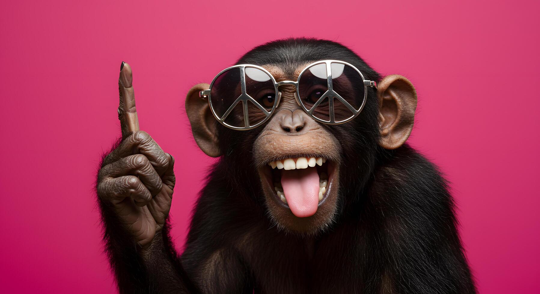 Groovy Chimpanzee in Peace Sunglasses Pointing Up A Fun, Quirky Image of a Happy Primate photo