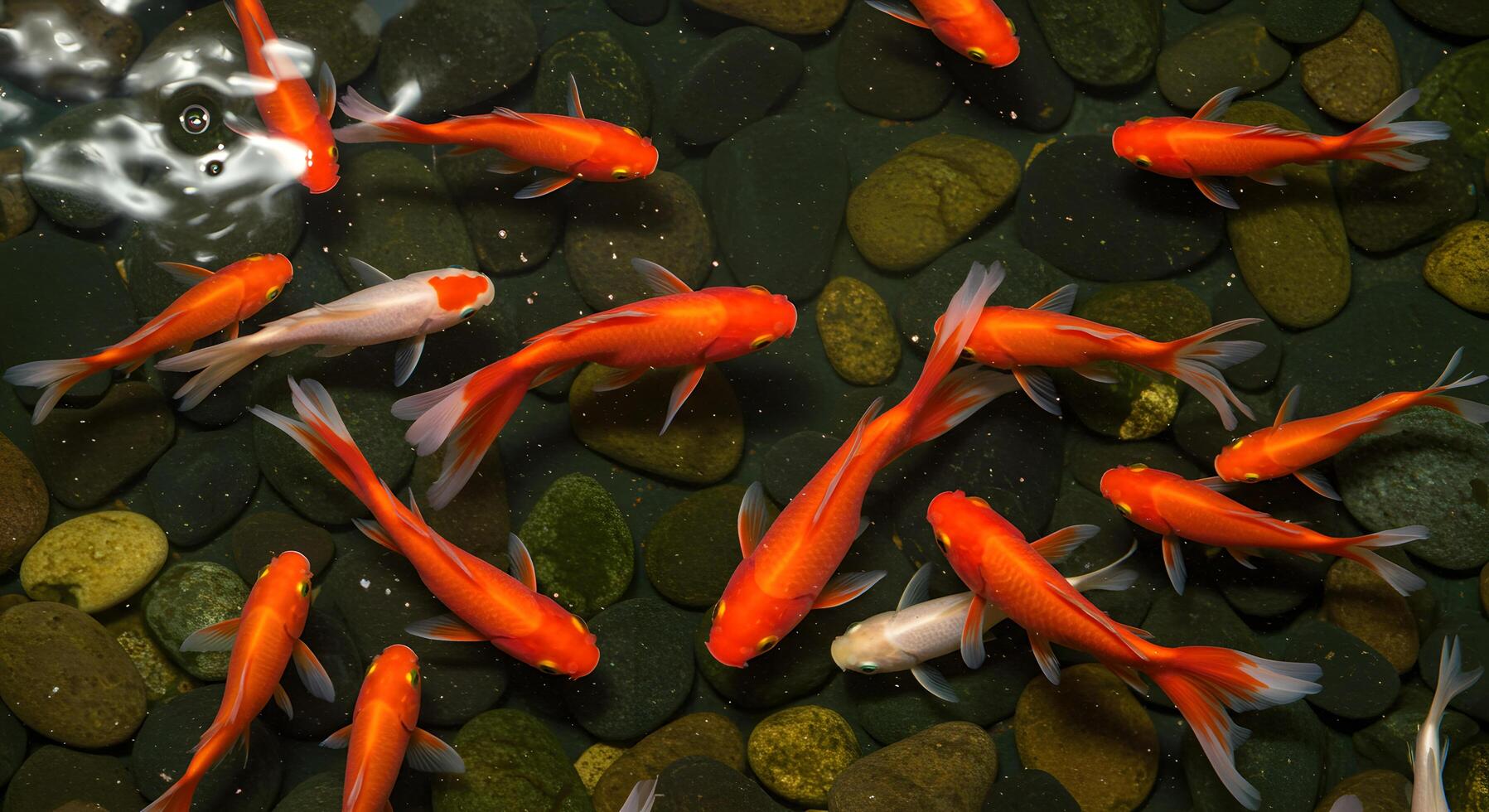 Stunning Aerial View of Koi Fish in a Serene Pond with Smooth River Rocks photo