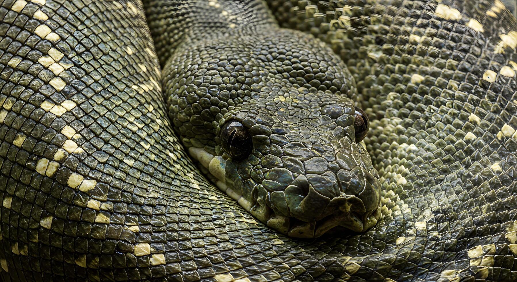 Close-Up of a Green Tree Python Coiled in a Zoo Setting, Detailed Scales and Intense Gaze photo