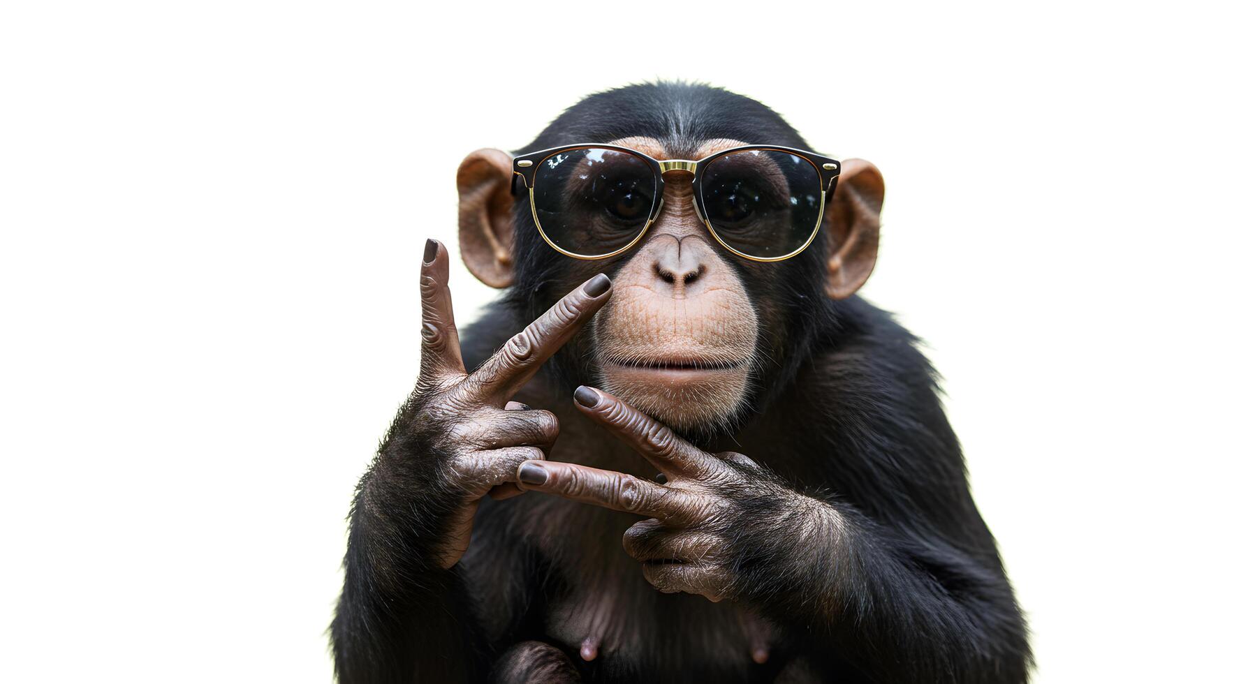 A Cool Chimpanzee Wearing Sunglasses and Making Peace Sign Gesture photo