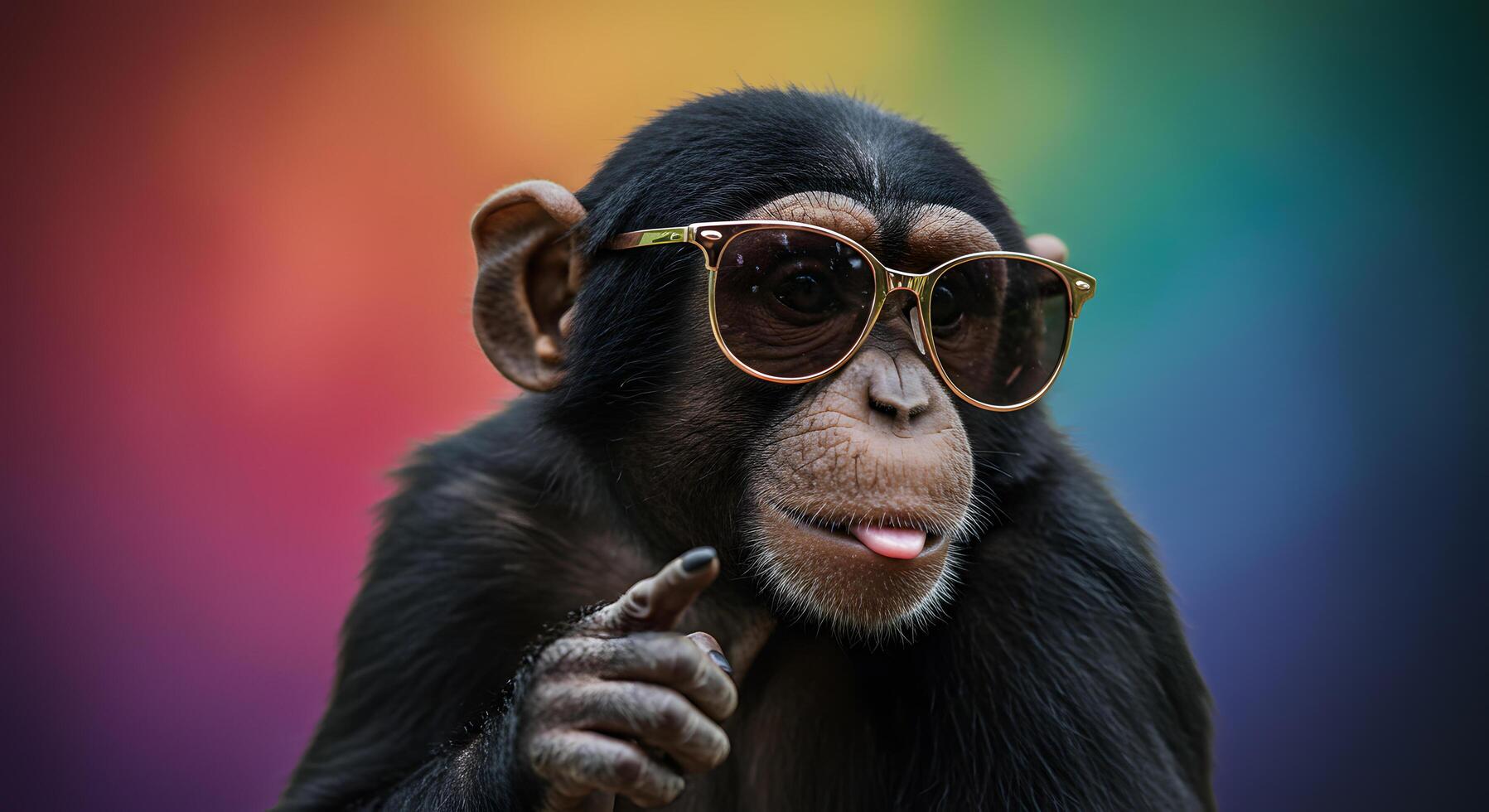 A Cool Chimpanzee Wearing Sunglasses and Pointing a Finger, Rainbow Background photo