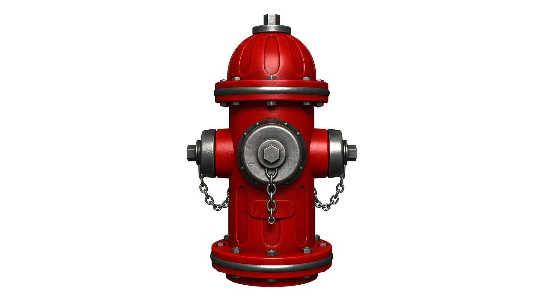 A Detailed 3D Render of a Classic Red Fire Hydrant Against a White Background, Showing its Metallic Components and Chains photo