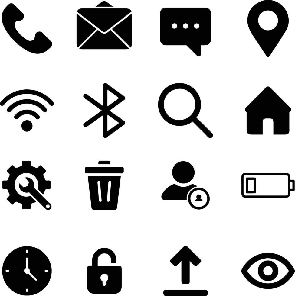 Essential 16 Black Icons for UI UX, Phone, Chat, Mail, WiFi, GPS, Cloud Upload, Battery, Settings, Visibility, Delete, Security vector
