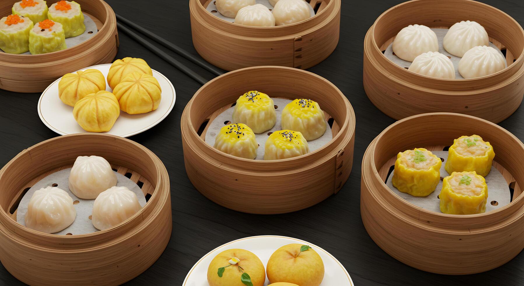 Assorted Delicious Dim Sum in Bamboo Steamers A Culinary Delight of Chinese Cuisine photo