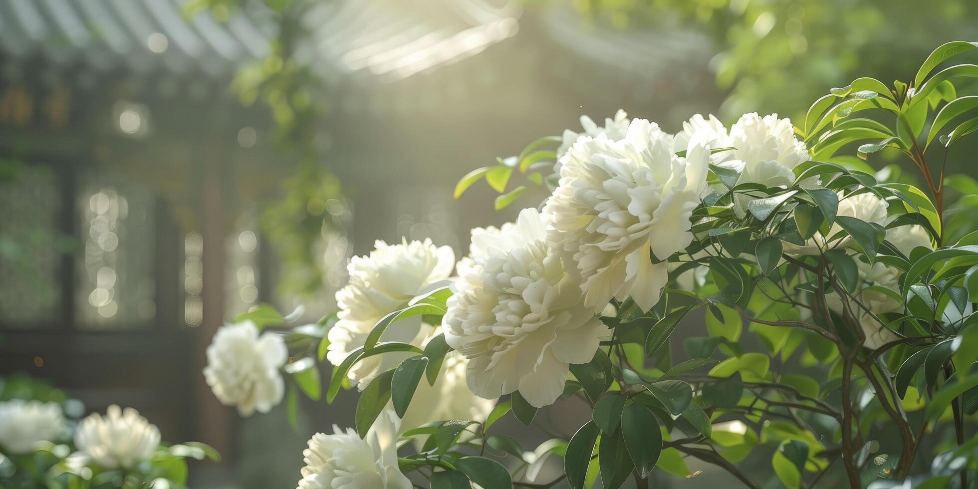 Radiant Serenity. Blooming Peony Tree Amidst Ancient Chinese Architecture. photo