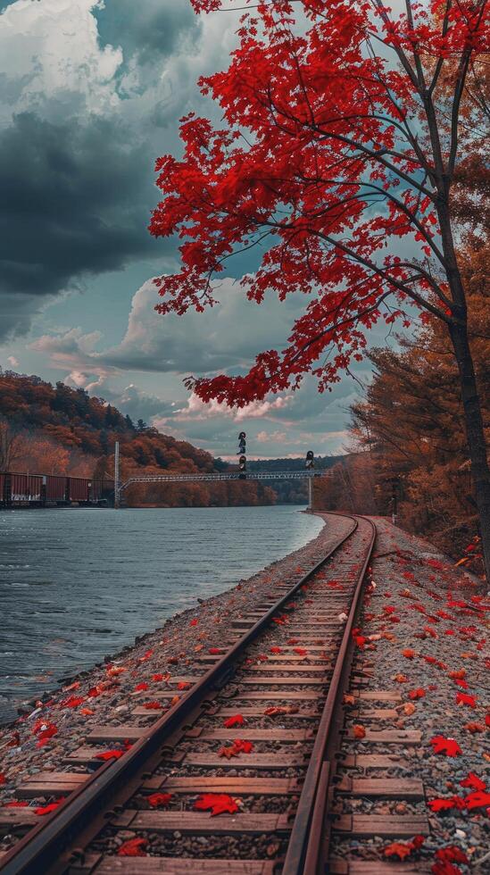 Red maple tree leaves in the style of the lake and train tracks. photo