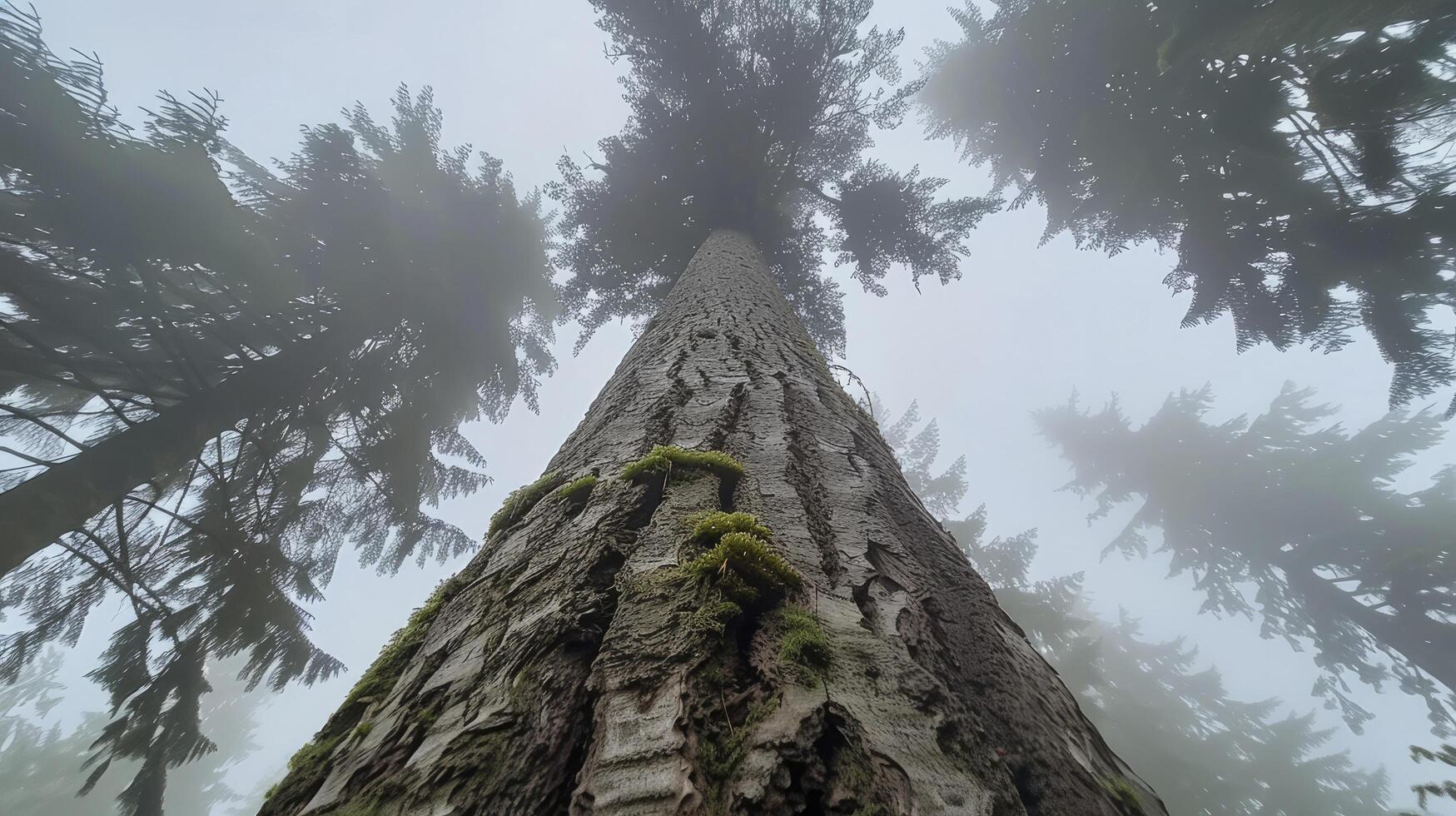 A tall tree in the forest, towering into clouds and misty sky photo