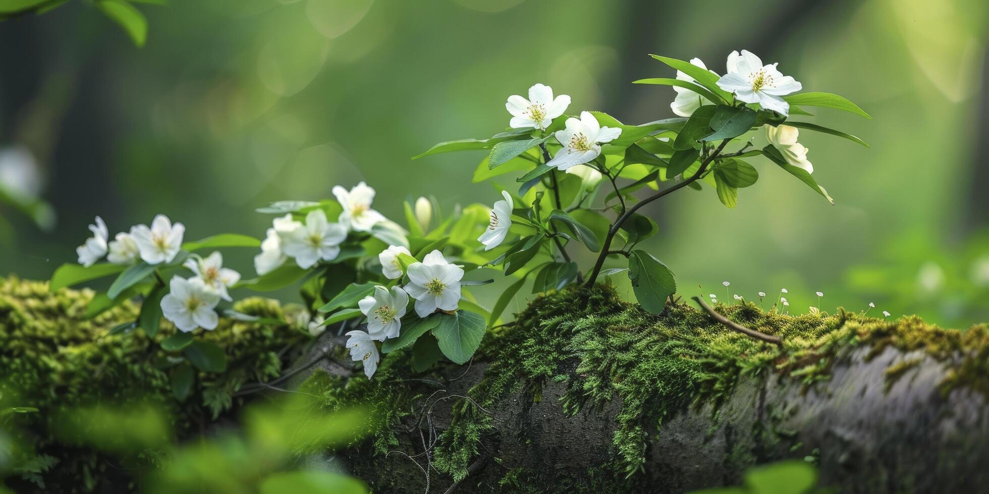 Tranquil Forest Moss Adorning an Old Tree Branch, Blossoming with White Flowers, Beautiful and Fresh Wildflower Scene Greenery, Sense of Peace and Serenity in Nature photo