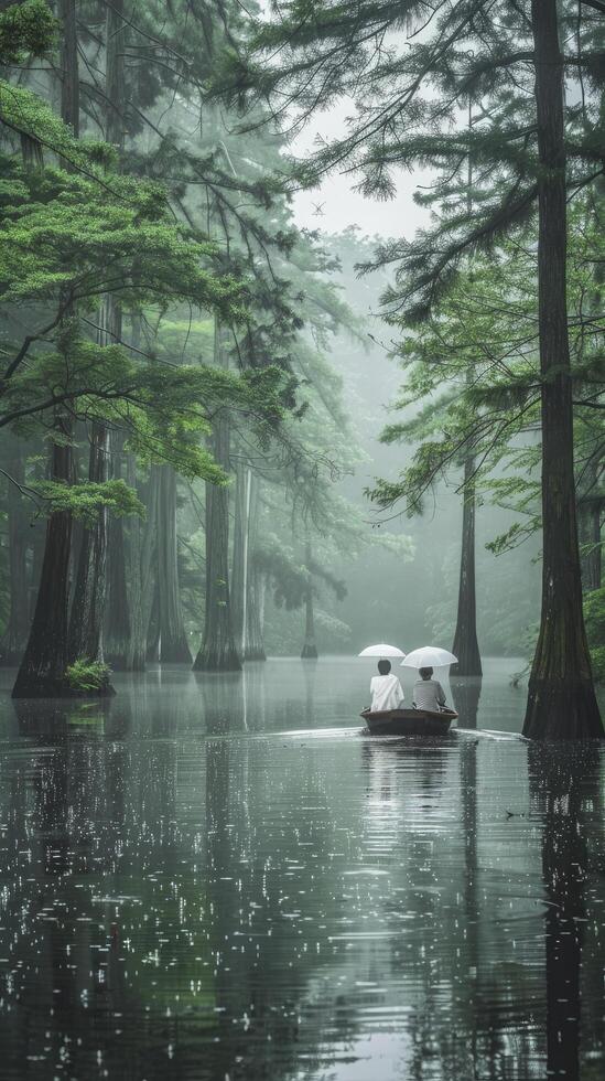 Two people in love sit on wooden boats surrounded by towering cypress trees photo