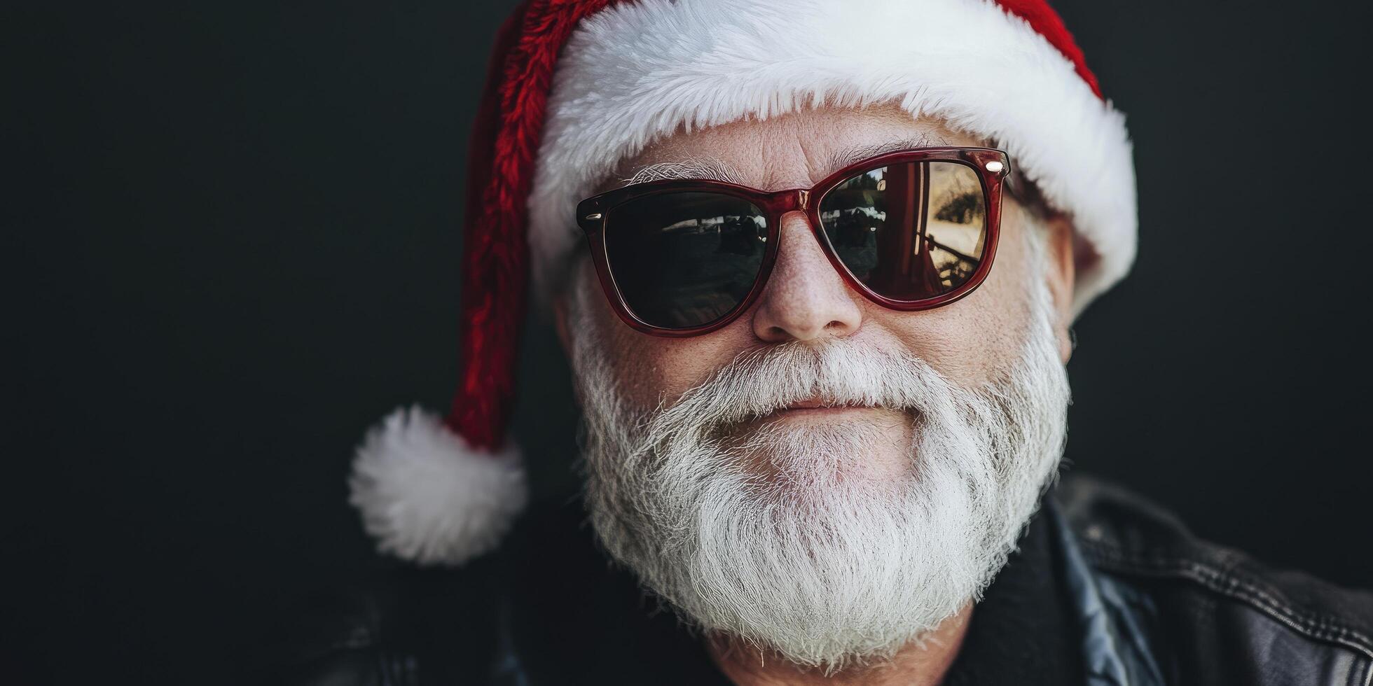 A man with a white beard and sunglasses wearing a Santa hat photo
