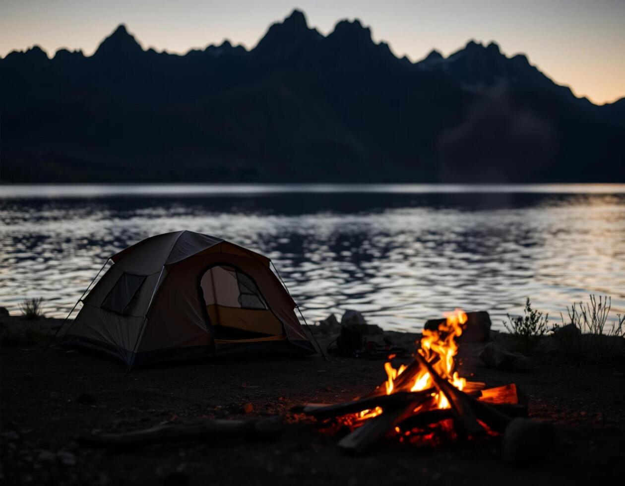 A tent is set up near a campfire on the shore of a lake photo