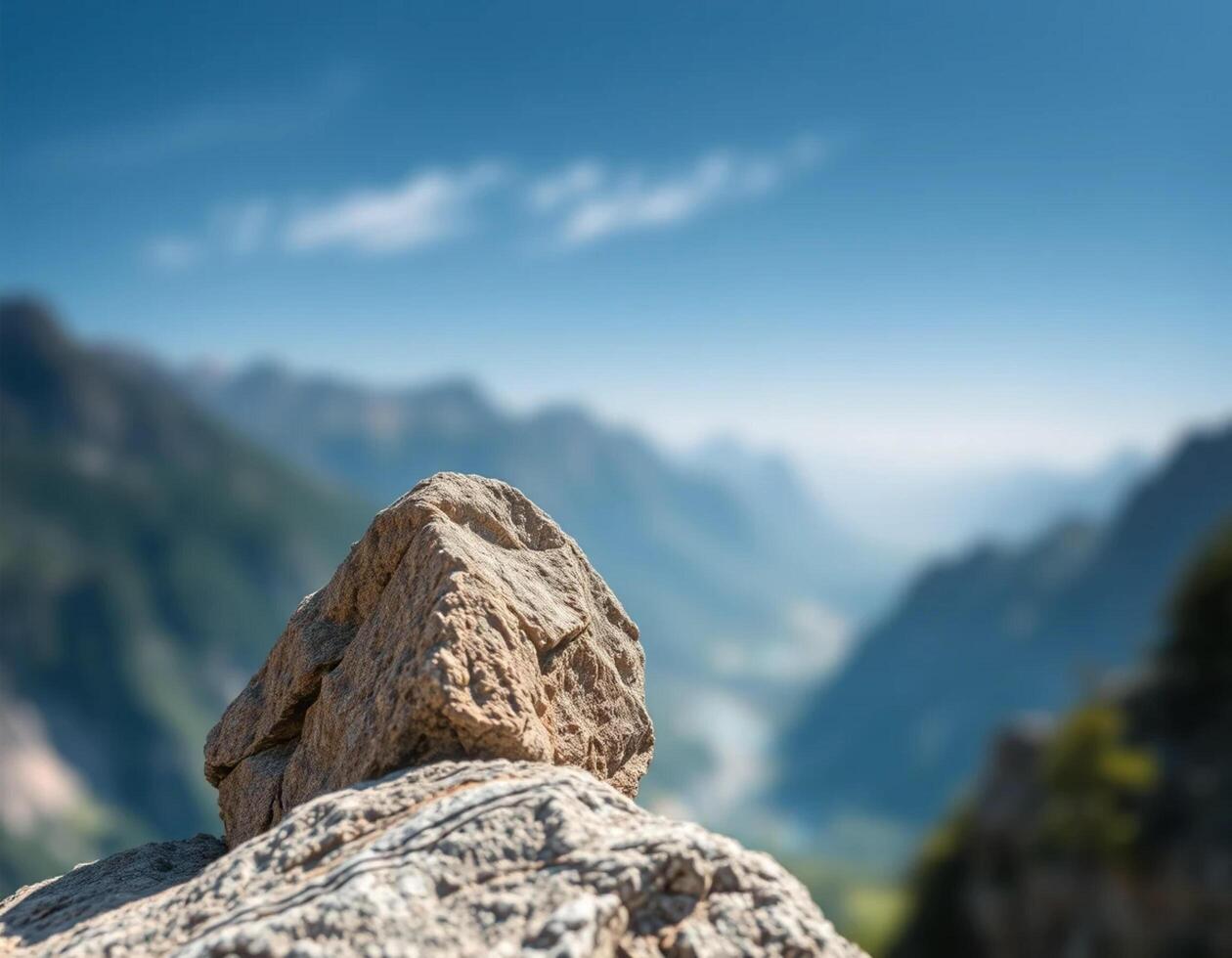 A rock sitting on top of a mountain with a blue sky in the background photo