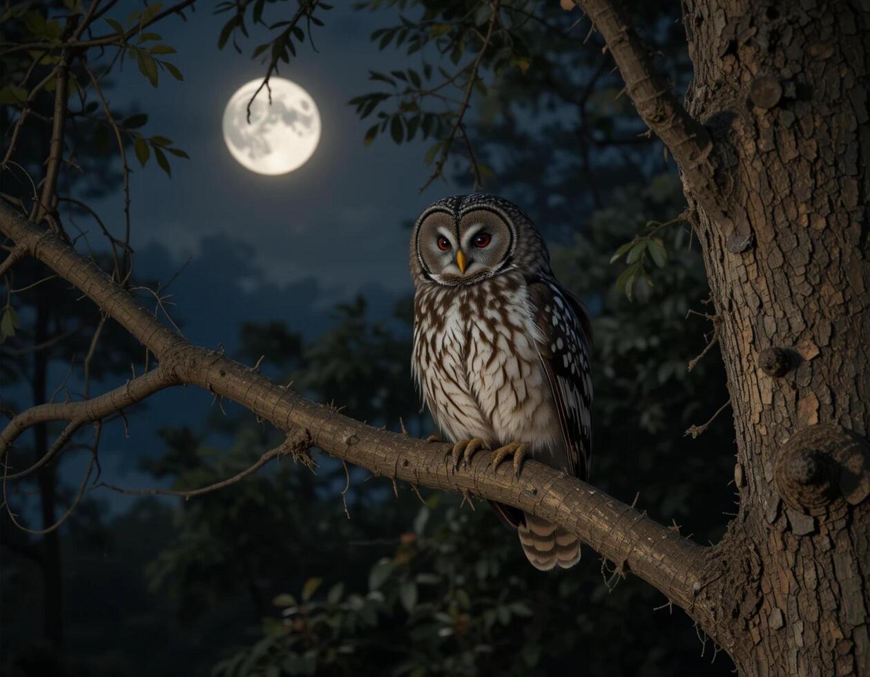 An owl is perched on a branch in front of a full moon photo