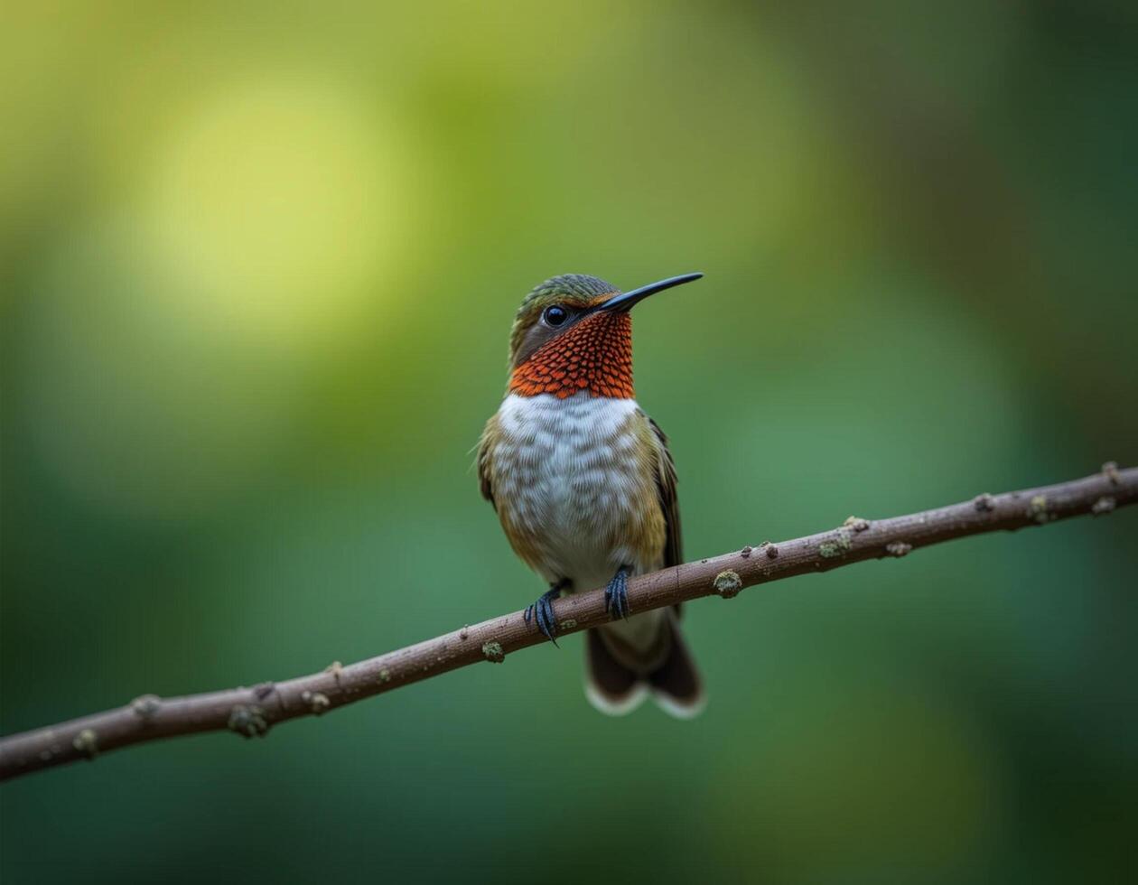 A hummingbird perched on a branch with a green background photo