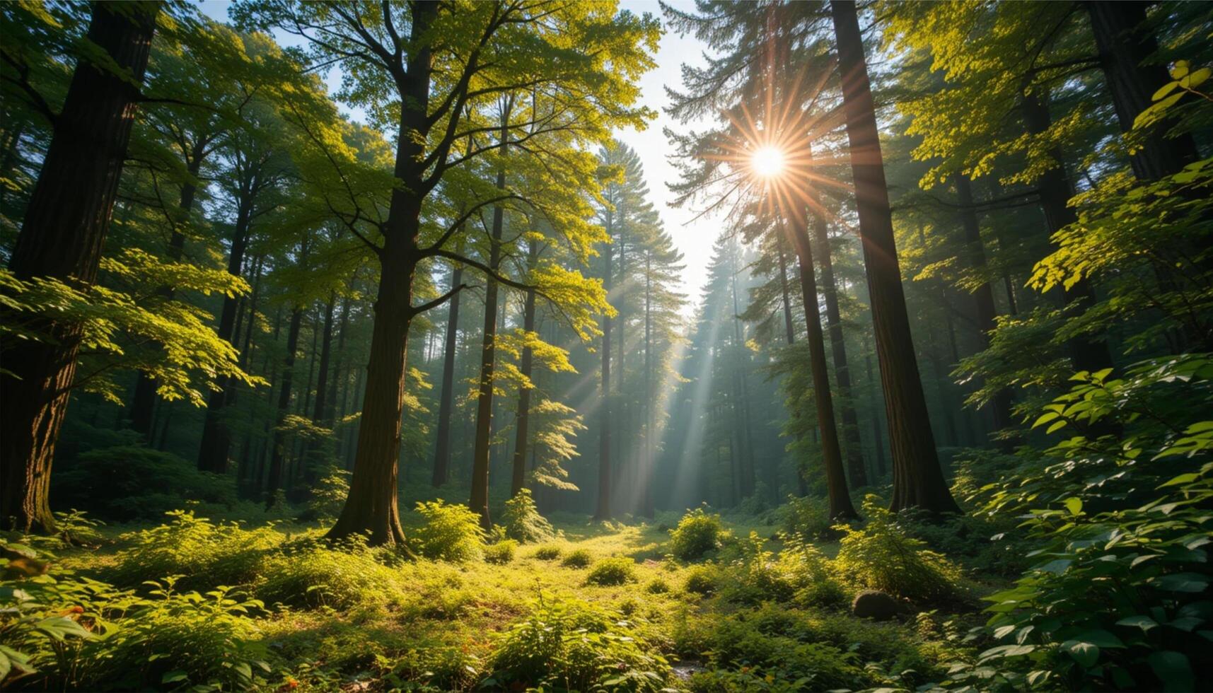 Sunlight shining through the trees in a forest photo