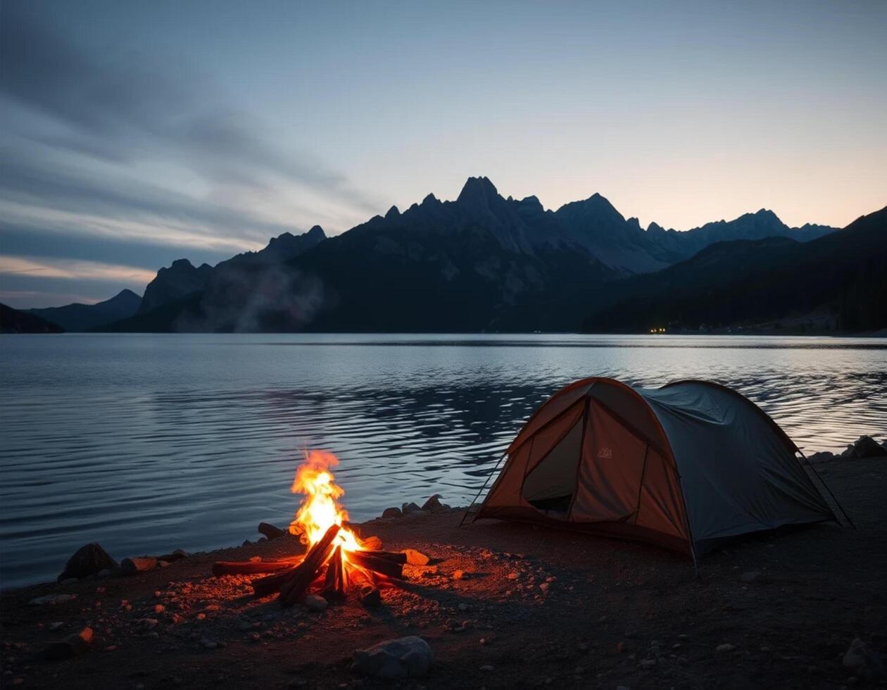 A tent is set up on the shore of a lake with mountains in the background photo