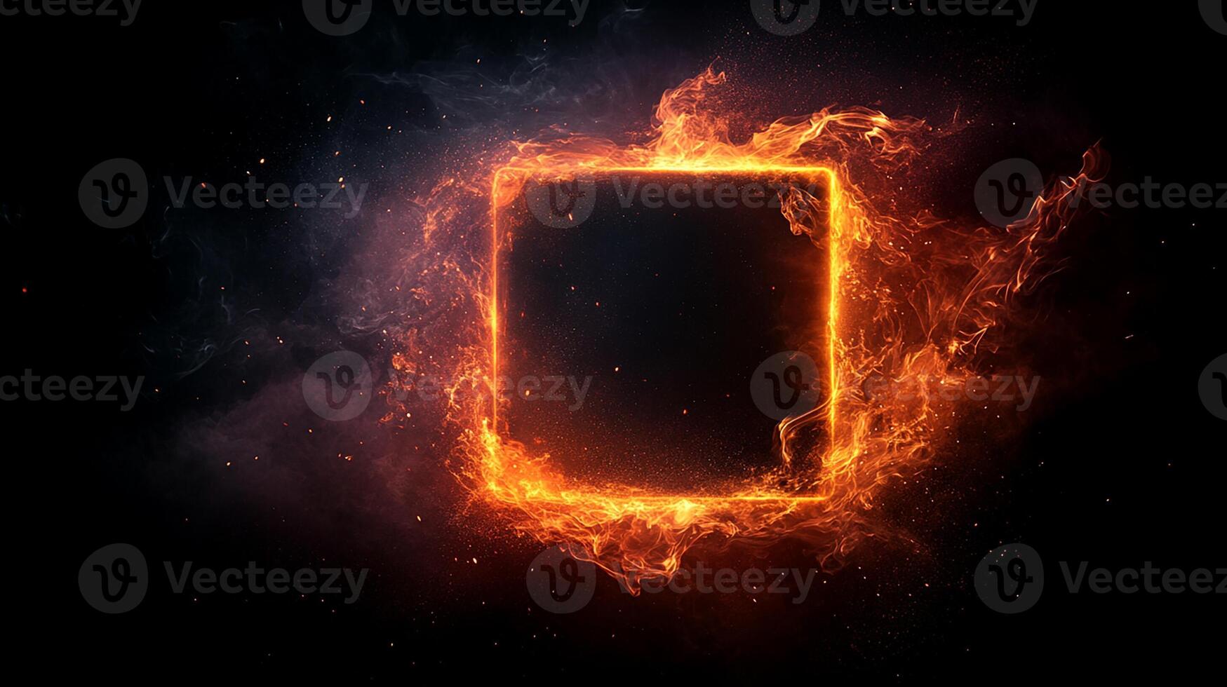 Fiery Glowing Square Frame with Burning Flames and Sparks on Dark Background photo